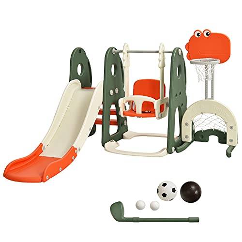 COSTWAY 6-i-1-lekplats för barn, med rutschkana, gunga, basketkorg, stege, fotbollsmål och golfhål, för inomhus- och utomhusanvändning, orange