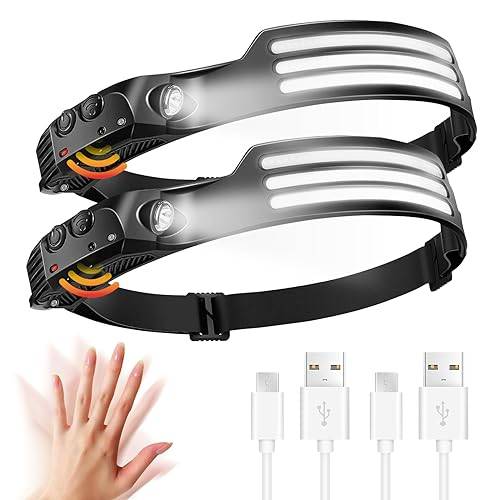 NEOVSUNY Pannlampa Uppladdningsbar, [2 Pack] Superljusa 3*COB LED Strålkastare med Rörelsesensor 5 Lägen 1200 mAh Batterier, Lätt och Justerbar Vattentät Huvudlampa för Löpning Camping Fiske Cykling