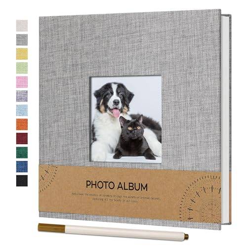 Vienrose Självhäftande fotoalbum med bildfönster för foton på 10 x 15 cm, omslag av linne, klippbok, 40 vita sidor för resor, fotobok med kulspetspenna, 17 x 18,6 cm, grå