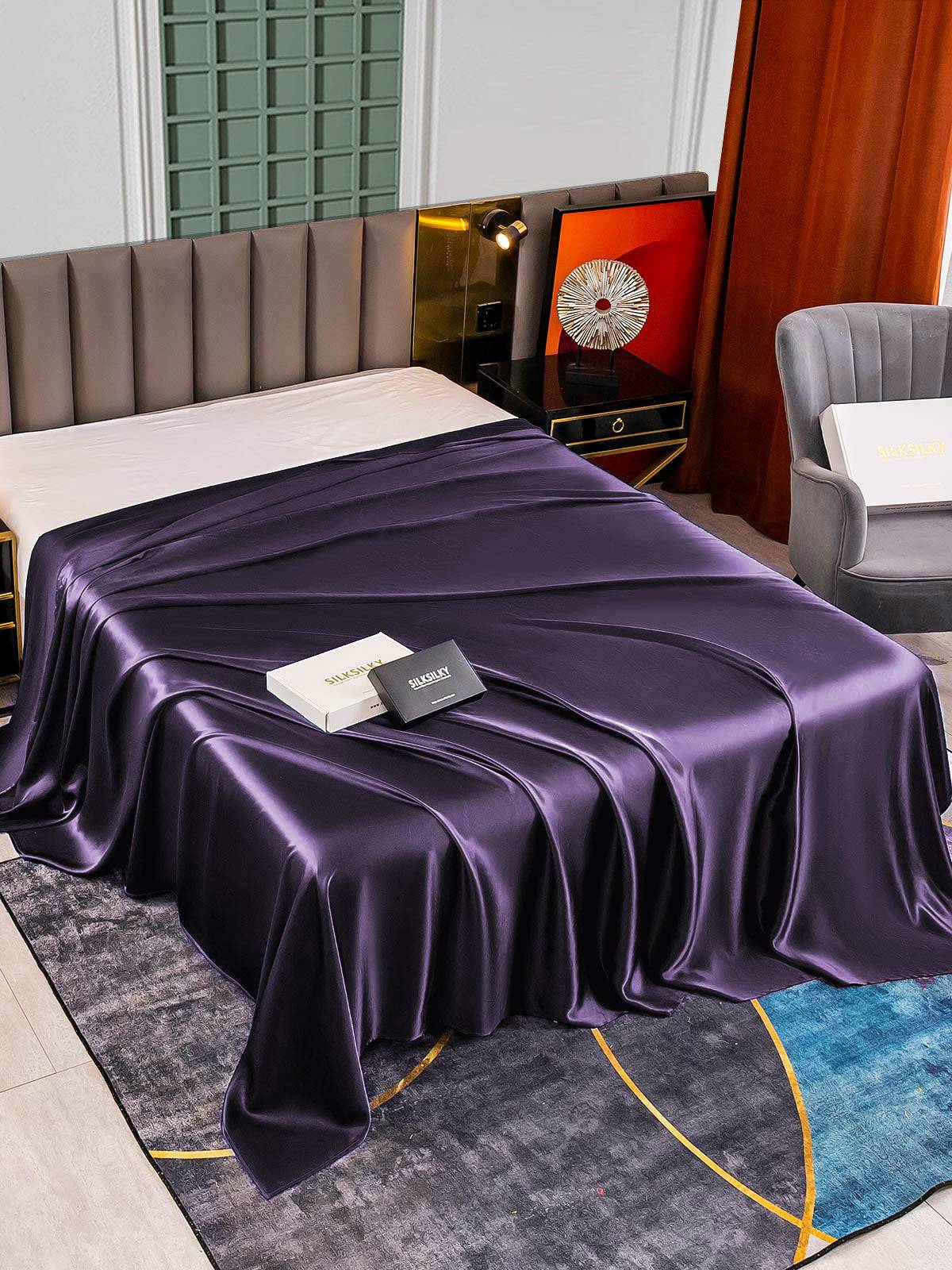 25Momme Mullbärssilke Seamless Platt Lakan - Mörklila / 0,9m Säng(160x260cm)