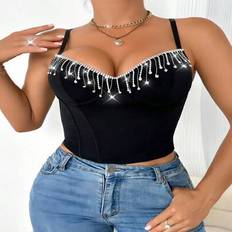 Rhinestone Tofs & Fishbone Mesh Slip Dress - Svart (L,M,S,XL)