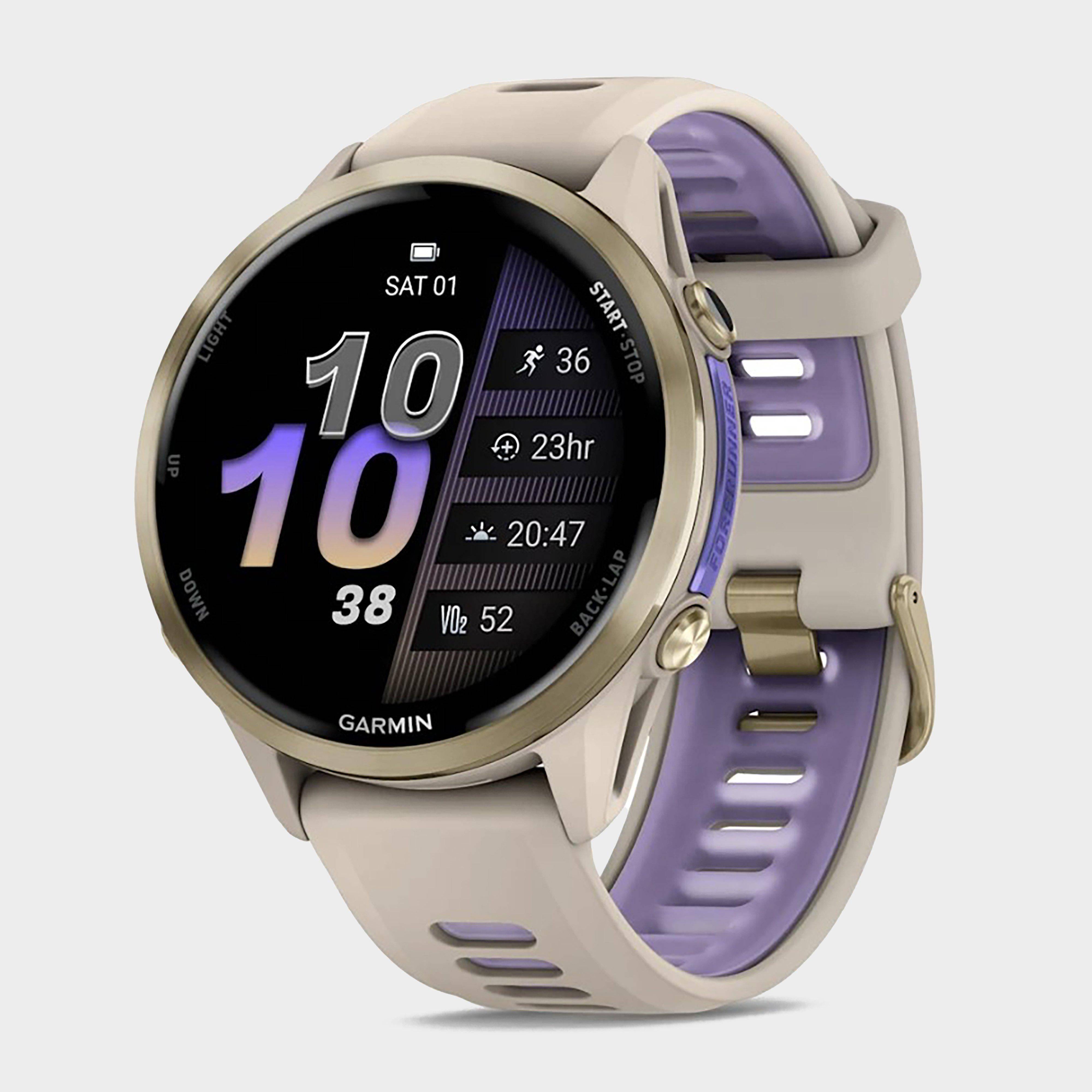 Garmin Forerunner 970 GPS Watch, Soft Gold Titanium with French Grey Case and French Grey/Translucent Indigo Band - One Size