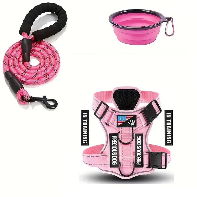 Reflective Dog Harness & Leash Set with Folding Bowl - Light Pink / M