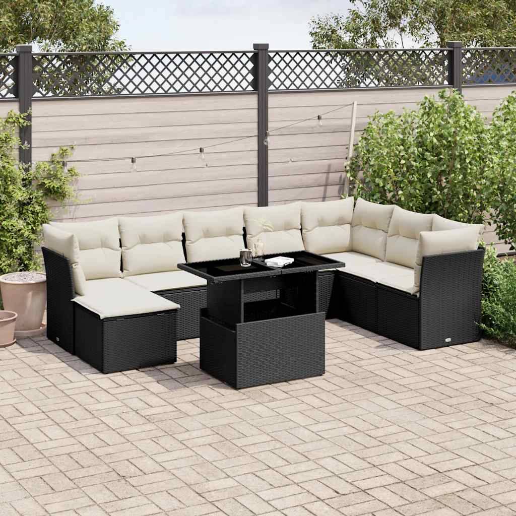 Sofasæt Til Haven 9 Dele Med Hynder Polyrattan Sort - Sort og cremefarvet / uden opbevaring