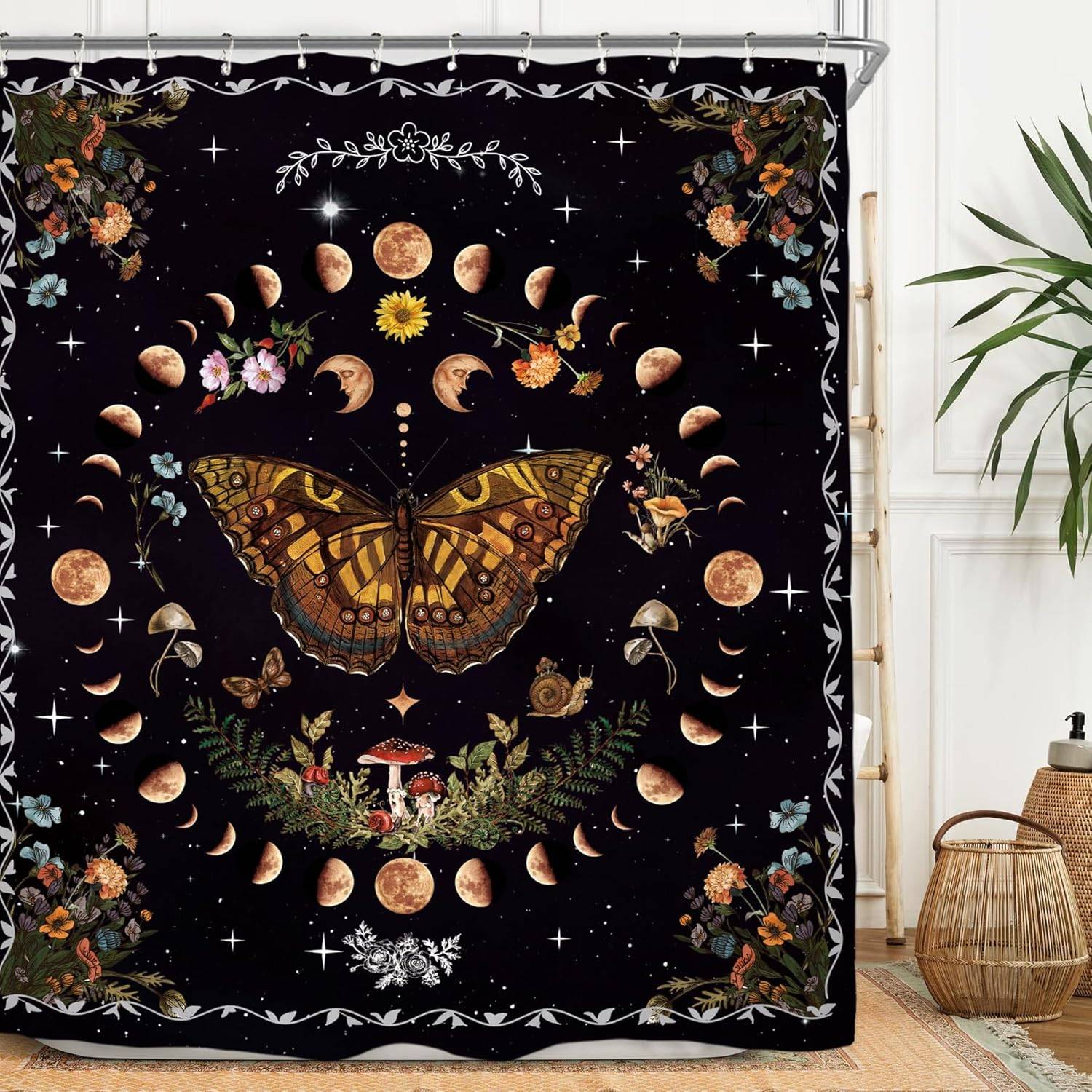 Häxig Gotisk Duschdraperi - Månfaser & Turkos Vildblomma Design, Mystisk Natt Botanisk Polyester gul