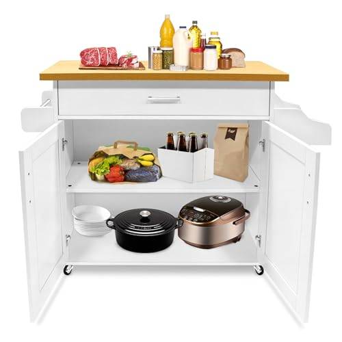 AufuN Köksskåp med bänkskiva, låda och skåp, rullbar köksvagn, serveringsvagn av trä, köksö, köksvagn i lantlig stil, för kök restaurang (vit)