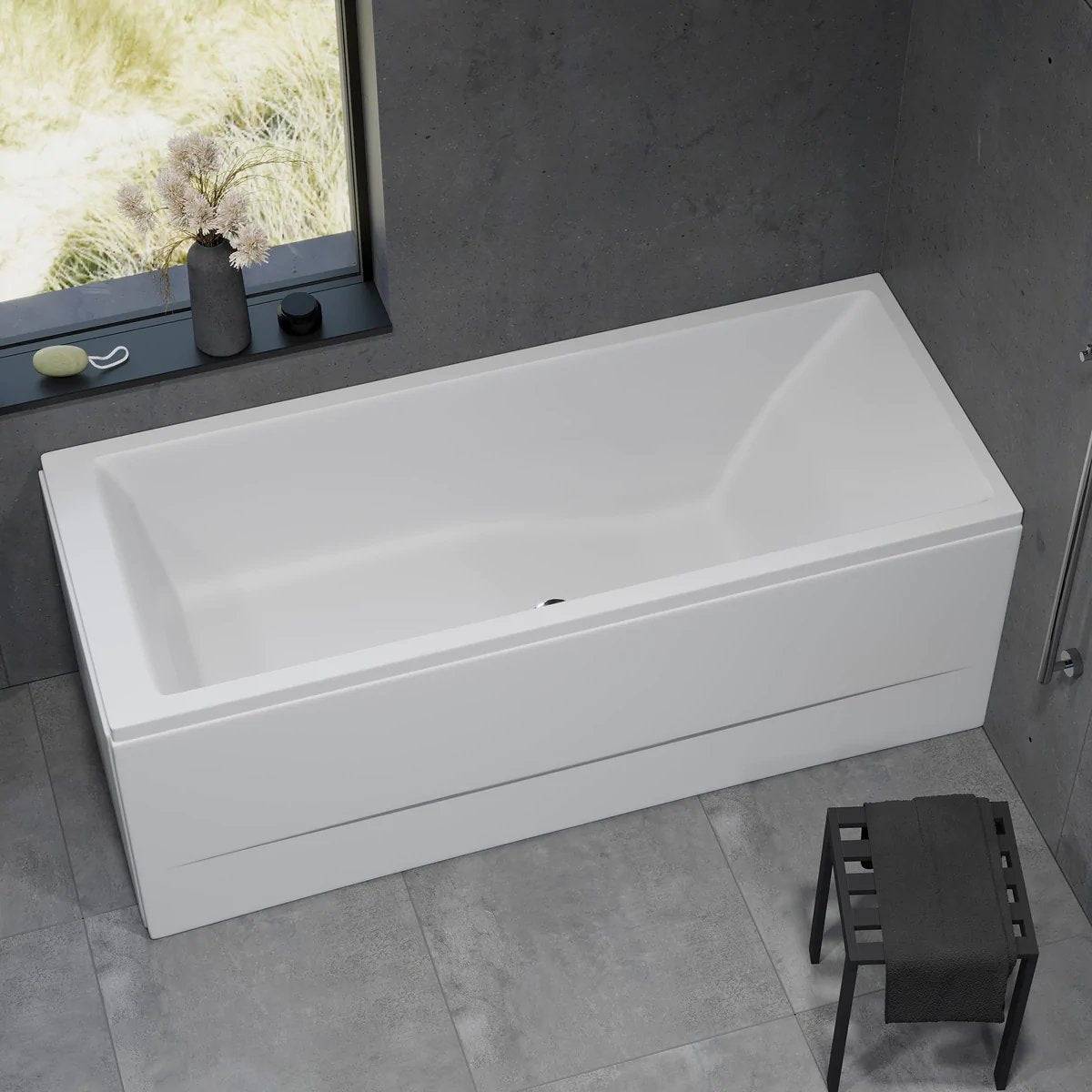 Rektangulärt badkar 160x70 cm i vit akryl med gavel och frontpanel, benstativ, avloppssats och bräddavloppssats - Svaneke