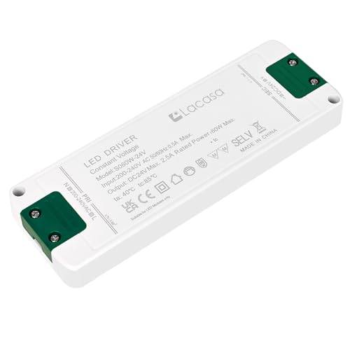 Lacasa LED Transformator 24V 2.5A, 60W Strömförsörjning AC200-240V till DC24V LED Drivrutinskonverterare Adapter, Ultra Slimmad Konstant Spänning LED Driver för LED-remsor, G4 MR11 MR16 LED Glödlampor