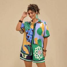 Plus Size Women Casual Tropical Boho Fruit & Plant Print Asymmetrical Short Sleeve Blouse + Beach Shorts 2 Pieces Set,2 Piece Summer OutfitSummer Outf - Green - 0XL,1XL,2XL,3XL,4XL