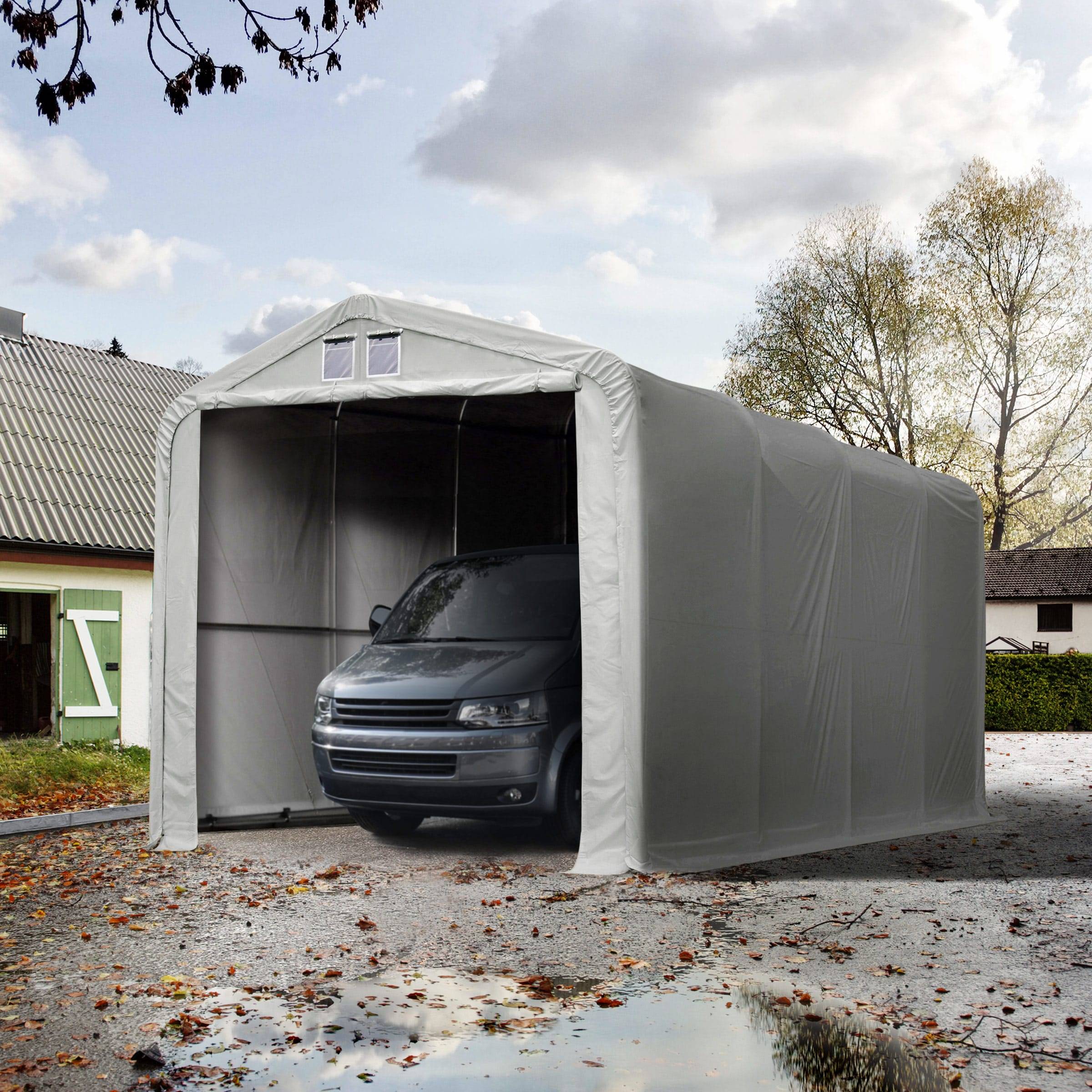 Garagetält 4x8 m - 3,35 m sidohöjd med 3,5x3,5 m port, PVC 850, grå, utan hållfasthet (Säkerhetspaket) - (99475)