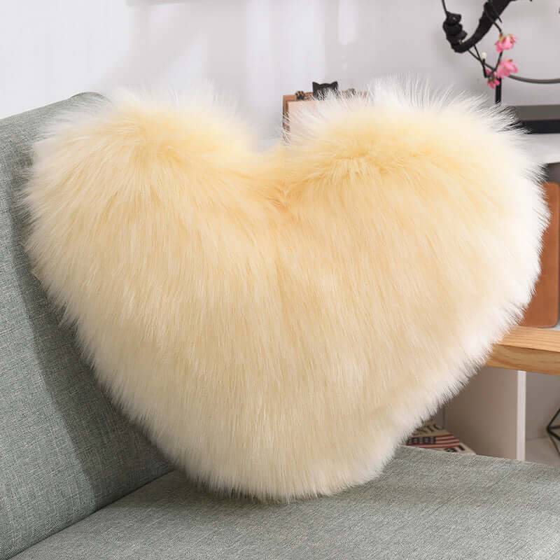 Heart Shaped Plush Throw Pillow - Fluffy Shaggy Cushion - Light yellow / Pillow core and pillowcase