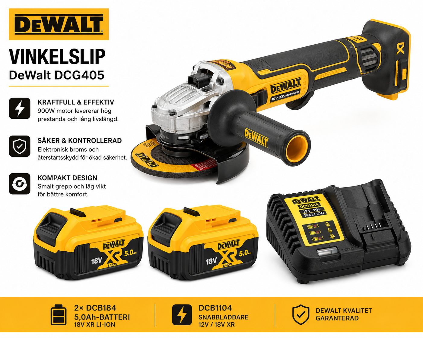 DeWalt Startpaket Vinkelslip 125mm DCG405 + 2×5,0Ah + Laddare