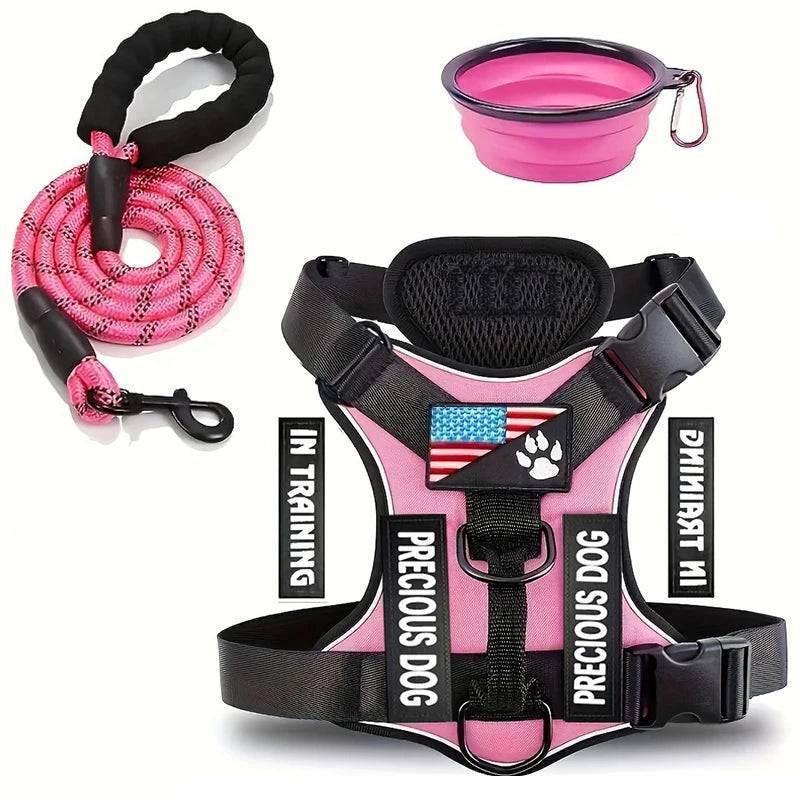 Reflective Dog Harness & Leash Set with Folding Bowl - Pink / M (M)