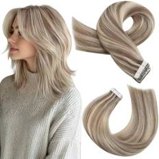 Moresoo 14 Inch Glue in Hair Extensions Skin Weft Tape in Hair Extensions Color #10 Light Brown Mixed with #613 Tape in Remy Human Hair 20PCS 50G Per Pack