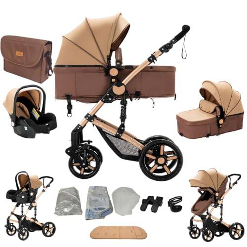 Magic ZC 3-i-1 babyvagn, vagn 3 delar bekväm hopfällbar med ett klick, babybil med vändbart dubbeltryckläge, barnvagn tre delar högt landskap (588 khaki)