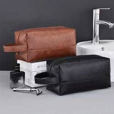 Men Waterproof Travel Toiletries Storage Bag Portable Makeup Organiser Zipper Handbags Retro Stitching Pu Leather Toiletry Bag Large Capacity Travel B - Multicolor - Black,Brown