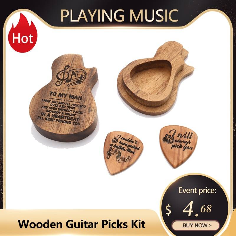 Gitarr plockar järn plockbox hållare samlare med 4 st olika trä plockar förmedlare för gitarr tillbehör och delar gitarr verktyg - Stil 7 svart valnöt.