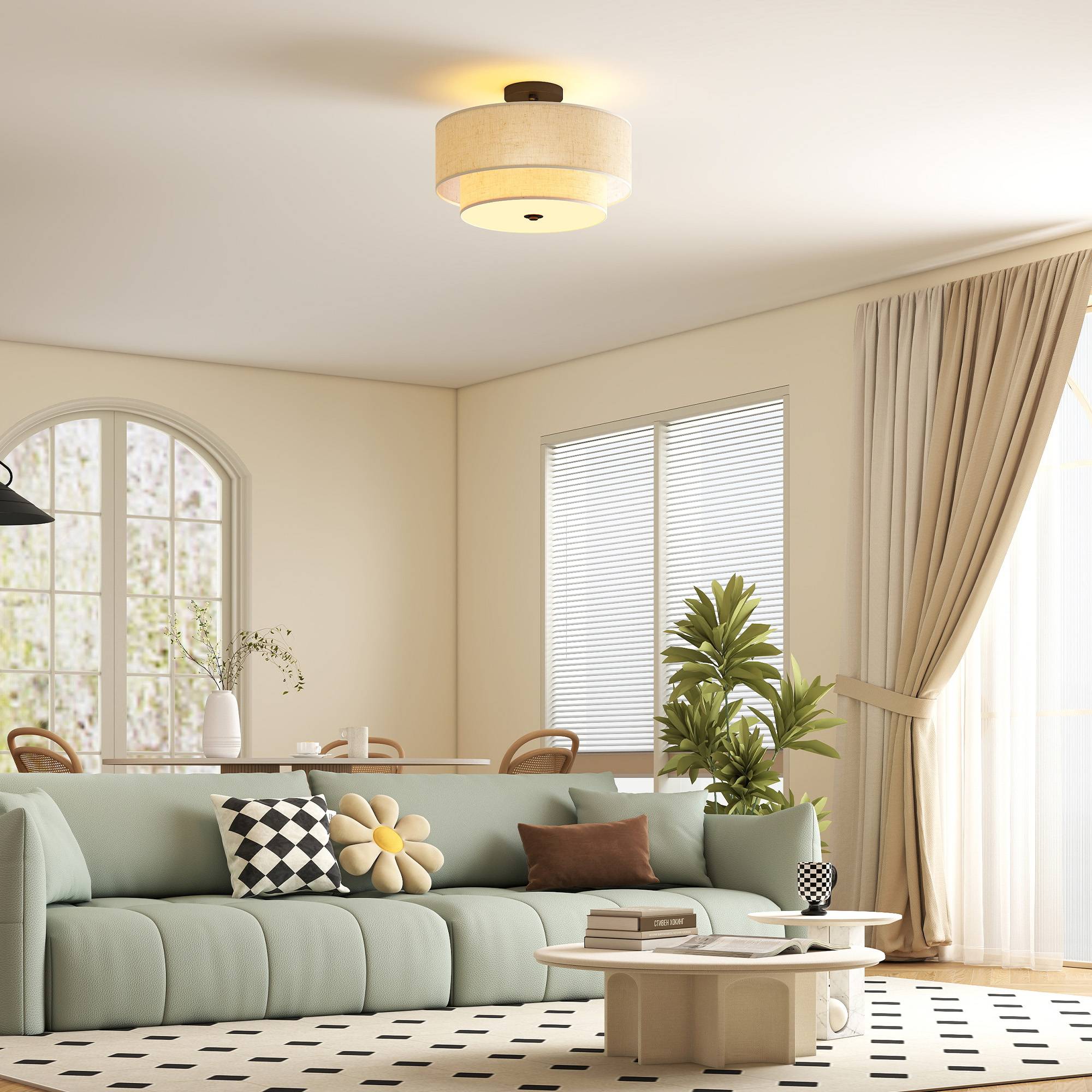 Loftlampe, Pendel med Dobbeltskærme i Linned Look, Cremehvid.