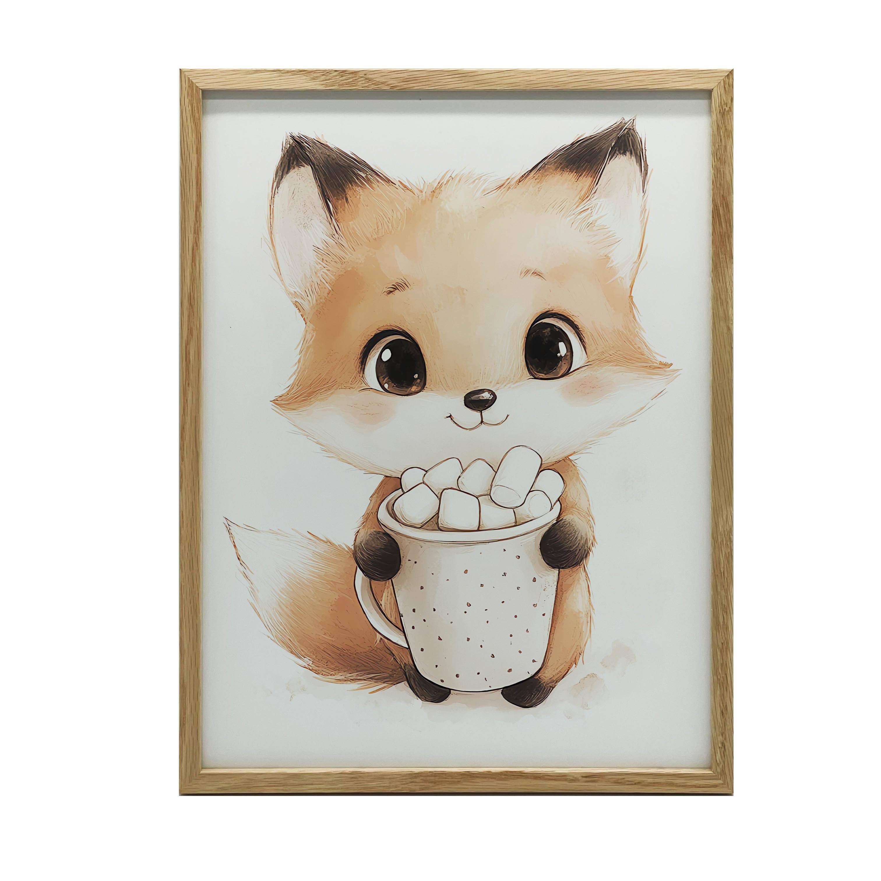 Poster Söt Liten Räv Med Varm Choklad Poster Söt Liten Räv Med Varm Choklad, 30X40 Cm, Guld Aluminiumram, Matt Papper 230 Gsm 36