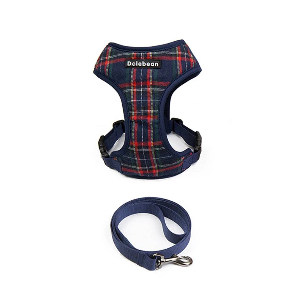 Adjustable Plaid Dog Harness & Leash Set - Blue / S chest 32-42cm (S chest 32-42cm)