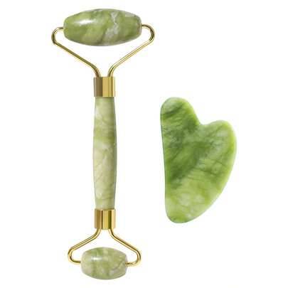 2-delars ansiktsmassageverktyg i naturlig grön sten, ansiktsroller med dubbelhuvud och guldmetallram, hjärtformad Gua Sha-platta, bärbar manuell massa