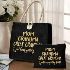 Mama Letter Linen Tote Bag Set,Makeup Bags And Handbags ,Tote Bag Printed With The Letters' Mom Grandma Great-Grandma I Just Keep Getting My Better ' - Black