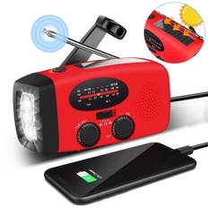 Röd Vevradio med Solceller & Powerbank 2000mAh - Nödradio & Camping Ficklampa