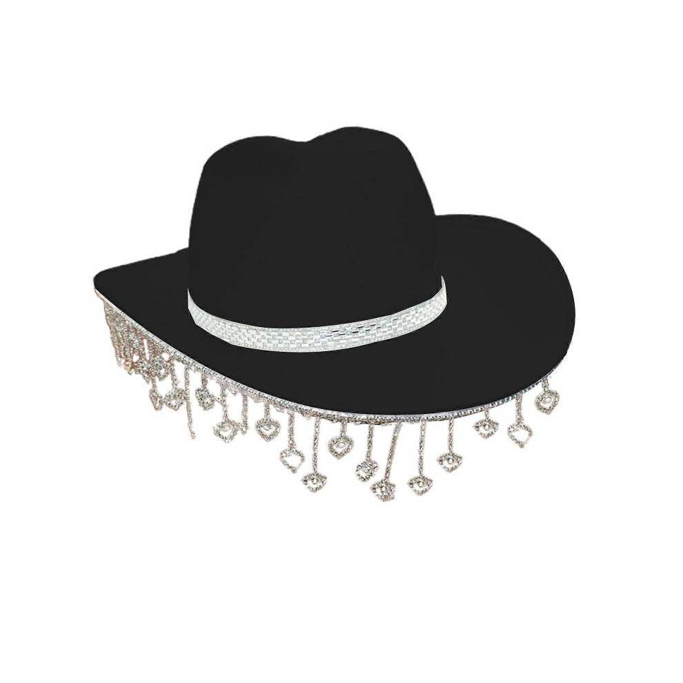 (Black) Cowgirl Hat Shining Tassel Hat Western Hat Sparkly Tassels Jazz Hat Photo Props Glinting Crystal Tassel for Stage White