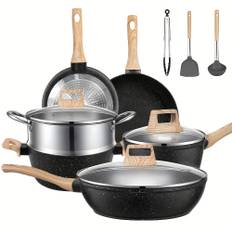 TEMU 12pcs Pots And Pans Set, Nonstick Cookware Sets Induction Cookware, Non Stick Kitchen Cooking Set With Frying Pans Set, Saucepans, Steamer--black