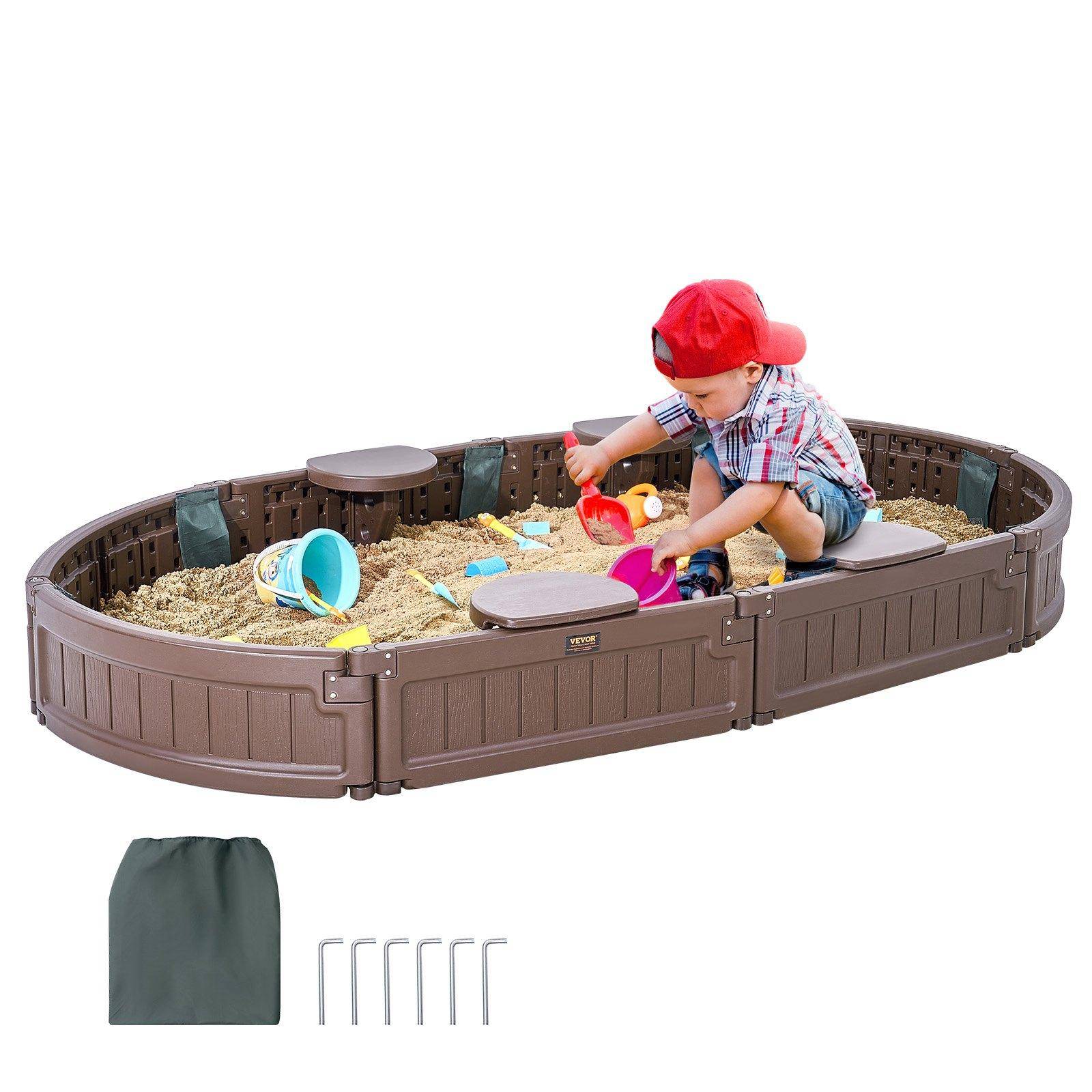 VEVOR Sandlåda med lock, 72 x 41,5 x 9,1 tum Oval Sandlåda, Sandlåda i HDPE med 4 hörnplatser och bottenduk, Sandlåda för barn för utomhusbakgård