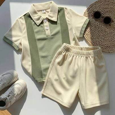 2 st/set set med naturinspirerade färgblockspolotröjor och shorts för unga pojkar, vintage men ändå moderiktigt, bryt monotonin, uppnå enkelt barnlook - Multifärgad (6Y,7Y,8Y,4Y,5Y)