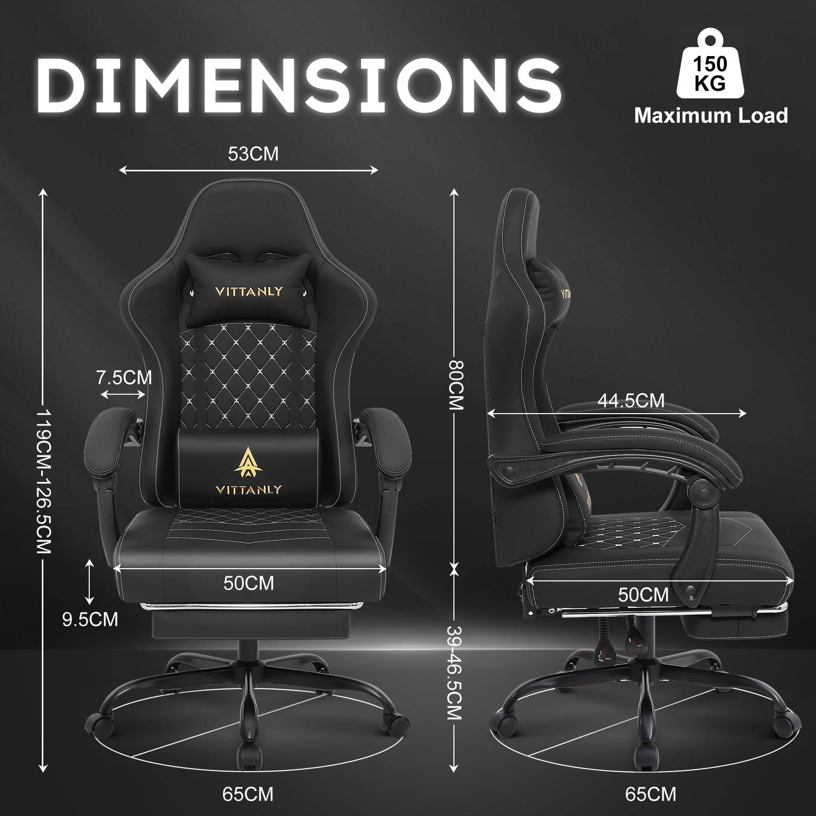 Vittanly Gaming Chair with Spring Cushion, Ergonomic Gaming Chair, Gamer Chair with Headrest, Lumbar Cushion and Footrest, Height-Adjustable Rotating Gaming Chair, Office Chair, 150 kg