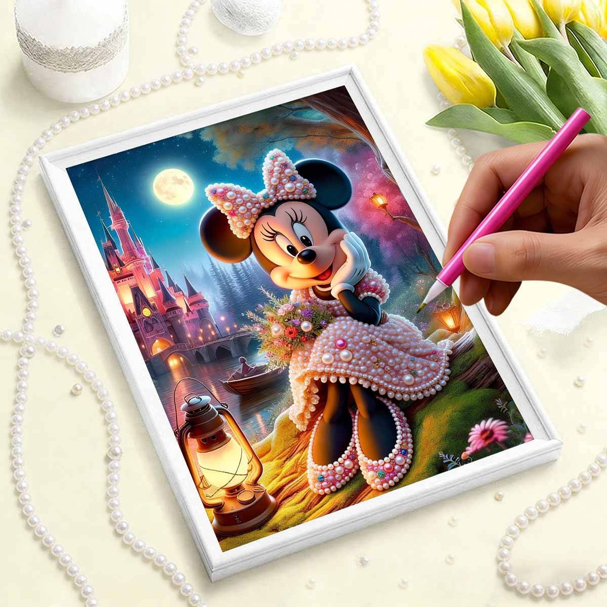 Disney Pearl Painting Minnie Moonlight Castle Bouquet Creative Art 5D Pearl Embroidery Cross Stitch Kit Handmade DIY Home and Room Decor Gift 35x45cm