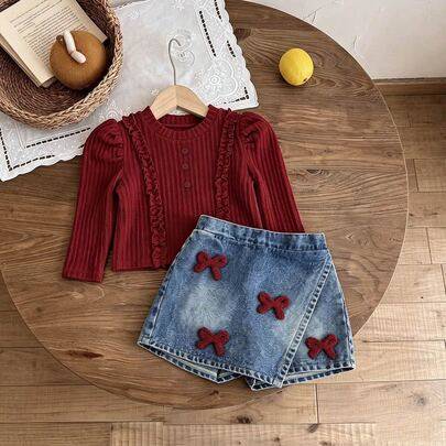 Mode-T-shirt för flickor med rynkad volangkant och prinsessärmar, samt mode-denimkjol med rosett och handdukbroderi - Bourgogne (6Y,7Y,8Y,4Y,5Y)
