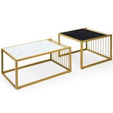2 x sidobordsset, soffbord, modernt sidobord i marmor, gul + svart + vit