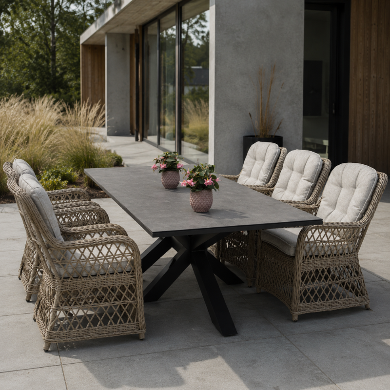 Star Table spisebord med 6 Hastings-stole i seagrass