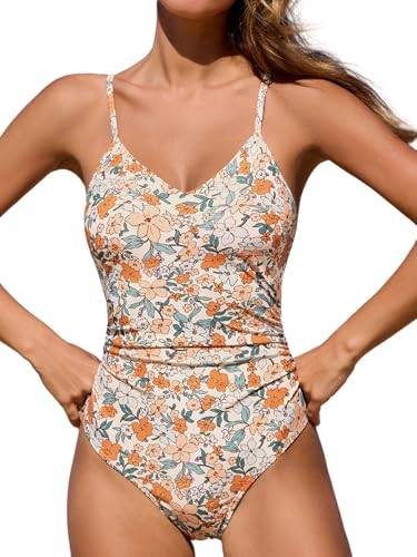 CUPSHE Damen Badeanzug V Ausschnitt Bauchweg Cutouts Beige/Blumenmuster M