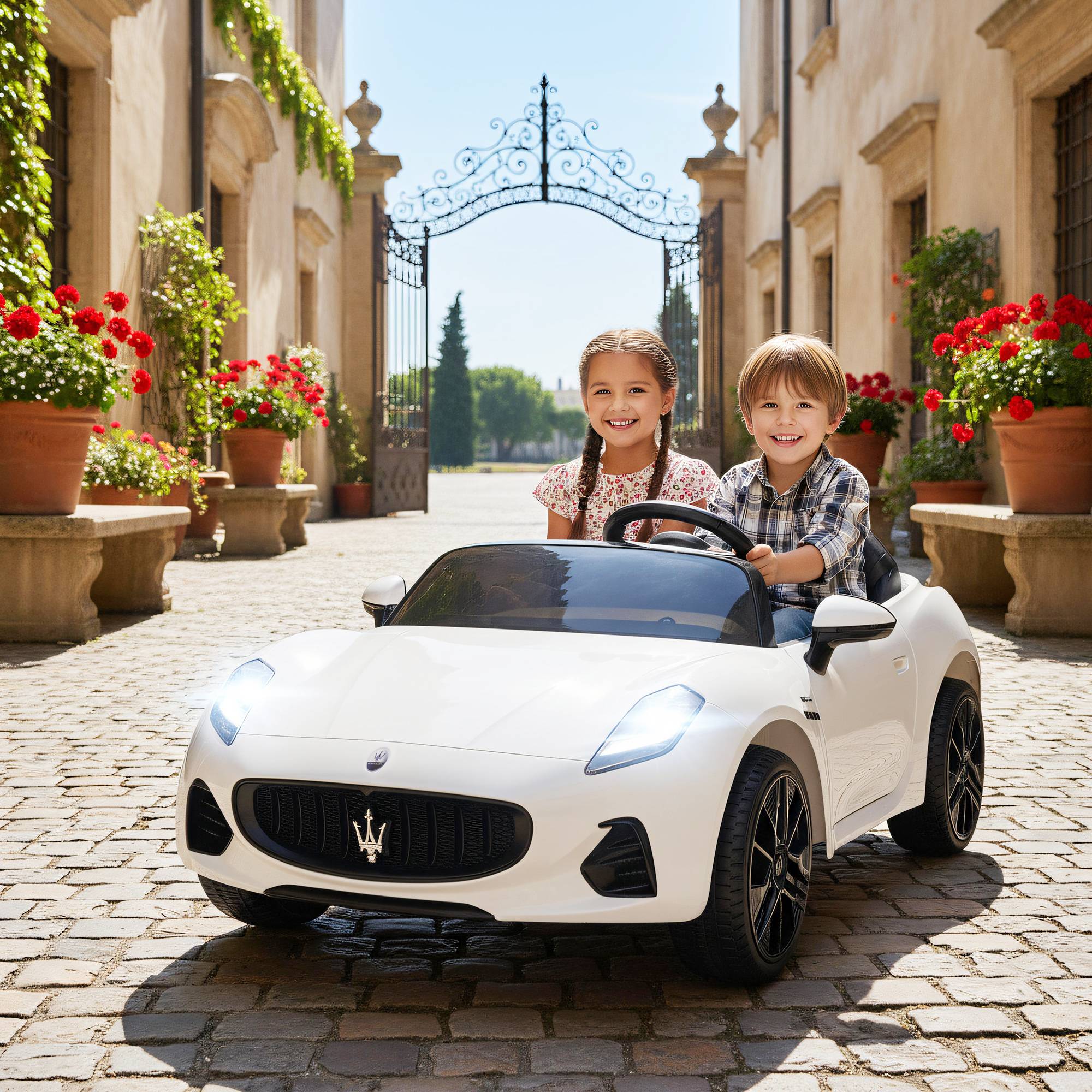 Maserati elbil til børn, 2-personers, 12V batteridrevet, fjernbetjening, LED-lys, musikfunktion, hvid.