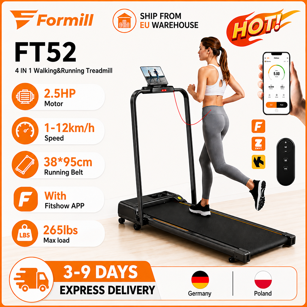 Formill FT52 4-in-1 Foldable Treadmill 2.5HP, 12km/h, 3-Level Manual Incline, 265lbs Load, Silent LED, Shock-Absorbing Home Use