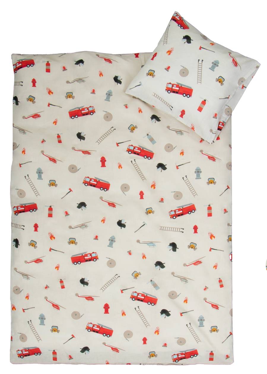 Brandkårens sängkläder - 100% bomull - Juniorpåslakan 115x135 cm - Beige med brandkårsikoner