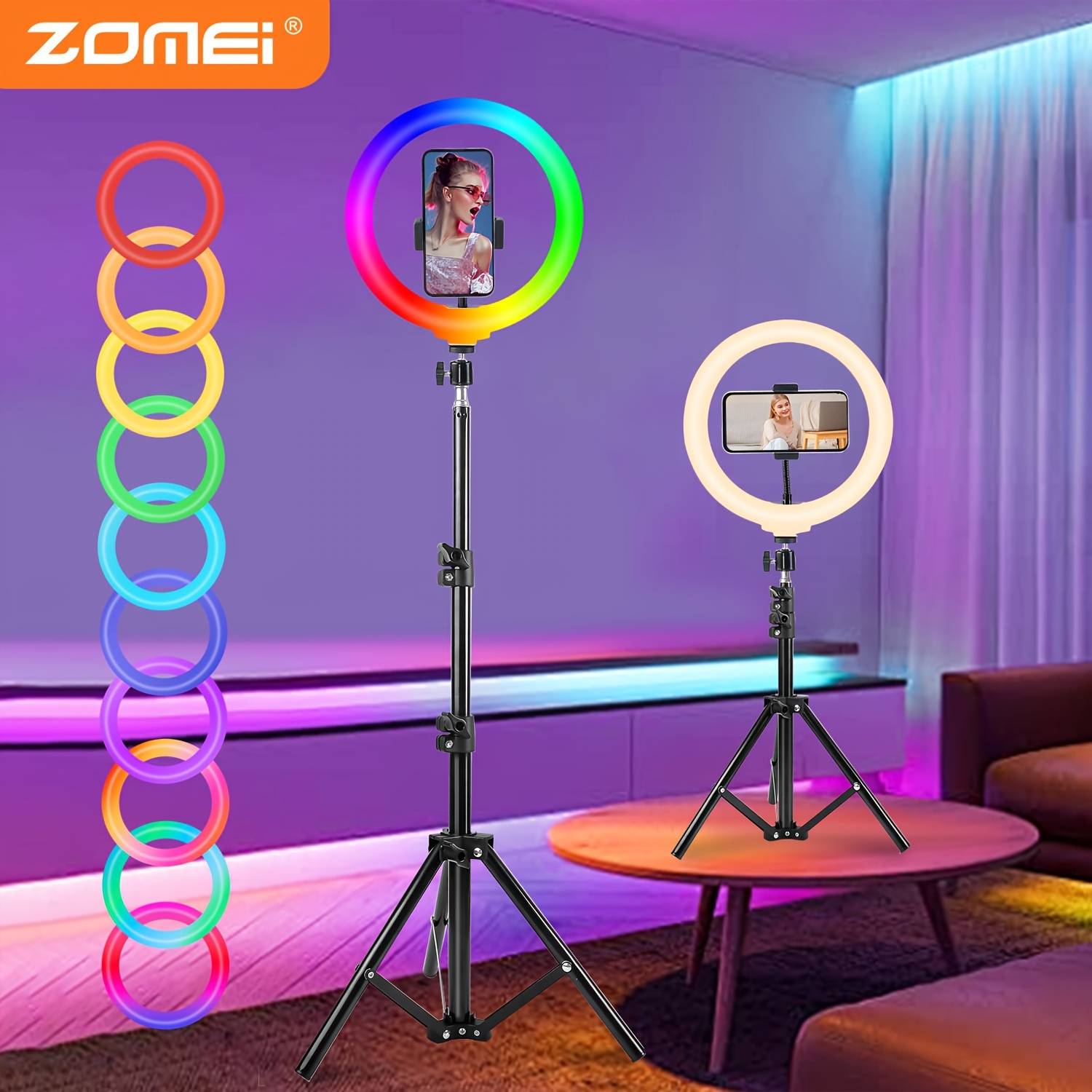 Zomei 10 Inch Ring Light With Bracket, 43 Inch Tripod, Selfie With Tripod, Hose Phone Clip, 38 Color , Usb Power Supply, Suitable For Camera, Shooting, Video, Makeup Ring Light