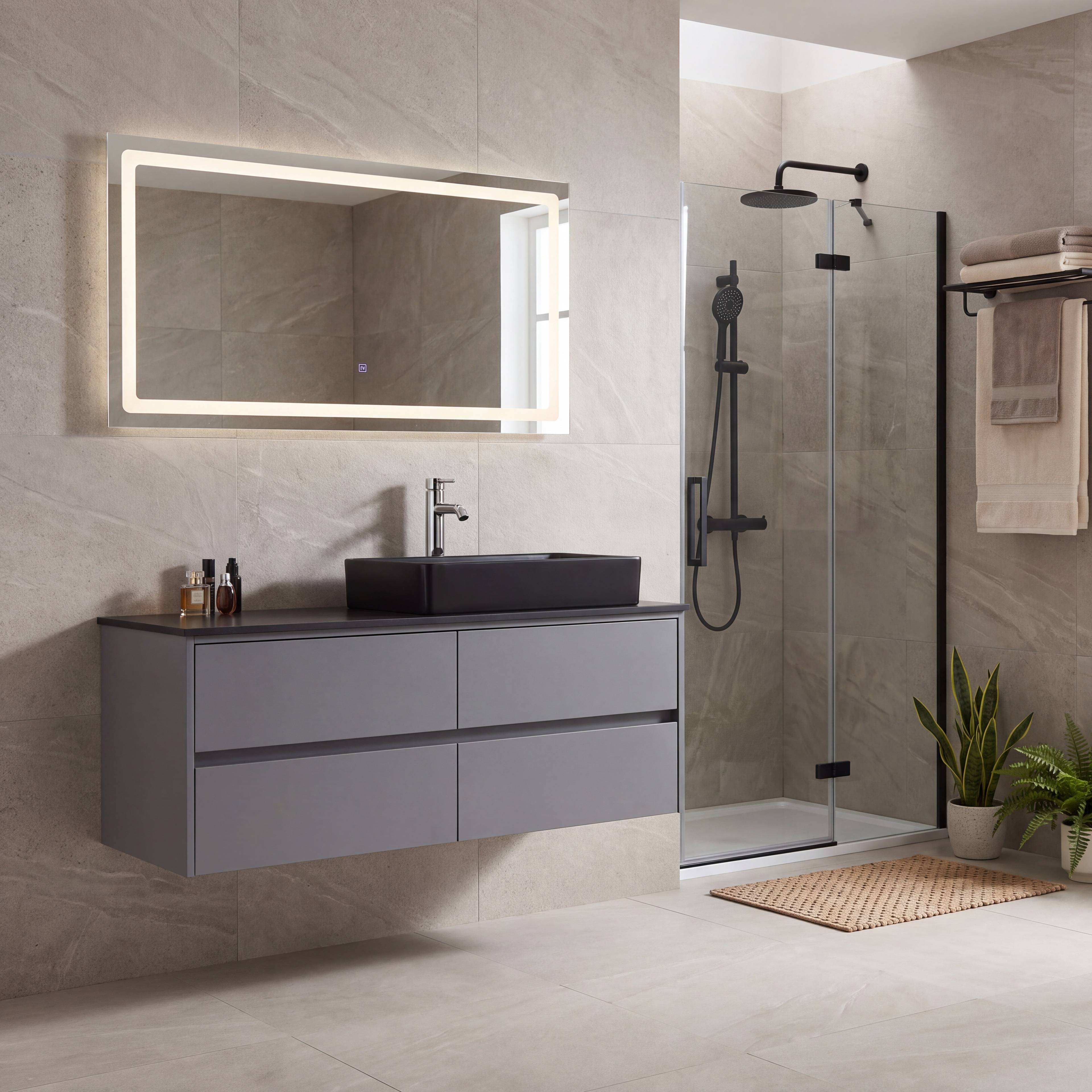 Badrumspaket 120 cm Grå & Svart LED-spegel - Vanity