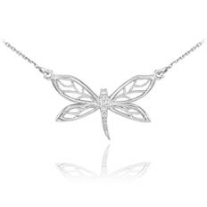 Diamond Embellished Dragonfly Pendant Necklace in 9ct White Gold - white gold