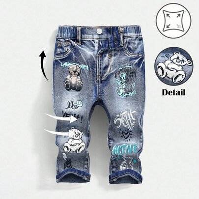 Babypojkar Snygga Urbana Gatu Coola Björn Graffiti Mönster Blå Stretchiga Skinny Jeans Höst Vinter, För Höst/Vinter Vardag, Gatukläder, Jul, Nyår, Tha - Mediumtvätt (6-9M,9-12M,12-18M,18-24M,2-3Y)