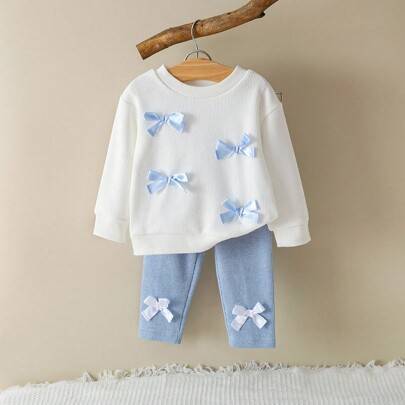 2-delat set för babyflickor i våffelsstickat, söt sweatshirt med rosettdekor, rund hals och lång ärm samt leggings, avslappnade småbarnskläder för vår - Blå (6-9M,9-12M,12-18M,18-24M,2-3Y,3-6M)