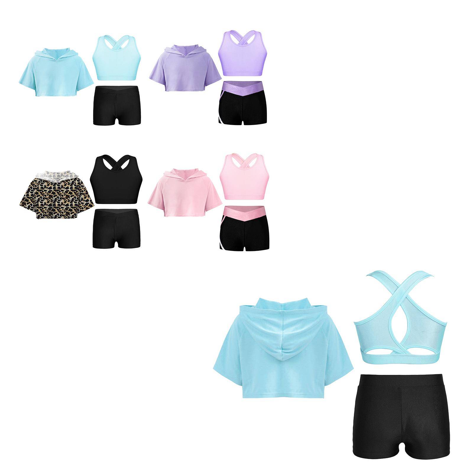 Barn Flickors Tränings Gymnastikdräkt Yoga Set Nyckelhålsrygg Väst Shorts Kortärmad Huva Croppad Topp Tonåring Sport Atletiska Dräkter cm ljusblå färg