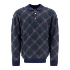 Beams Plus, Strik, Herre, Blå, M, Uld, Blå Plaid Strikket Polo Skjorte