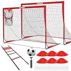 Bärbara fotbollsmål för barn i bakgården set med 2, 1,8 x 1,2 m pop up fotbollsnät träningsutrustning med fotbollsmål, boll, stege och koner för barn, ungdomar, småbarn, utomhussportspel