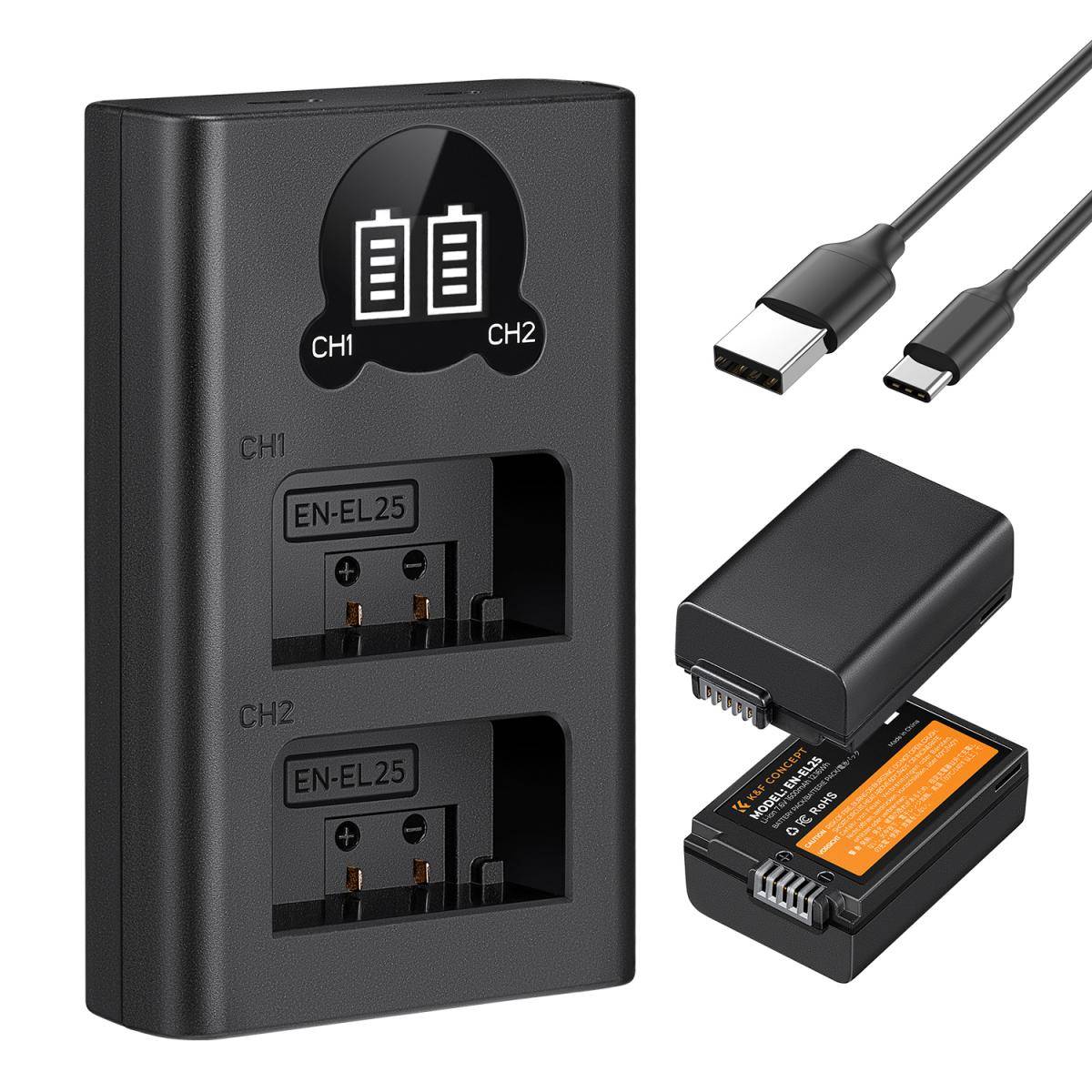 KENTFAITH 1600mAh EN-EL25 EN-EL25A Battery and Charger Set, 2 Pack for Nikon Z30 Z50 ZFC Camera, Replacement Batteries with LCD Dual Slot Charger