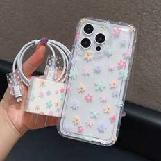 Färgglada blommönstrade luftkudde telefonfodral + laddare skyddsfodral & anti-bite kabel Organizer - Multifärgad (Multi-size)